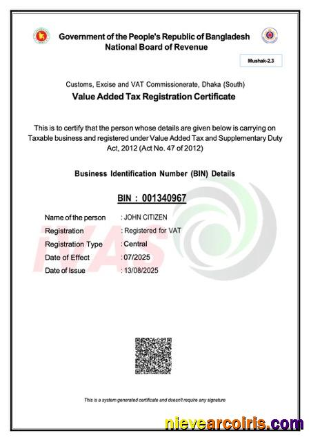 Bangladesh VAT registration certificate
